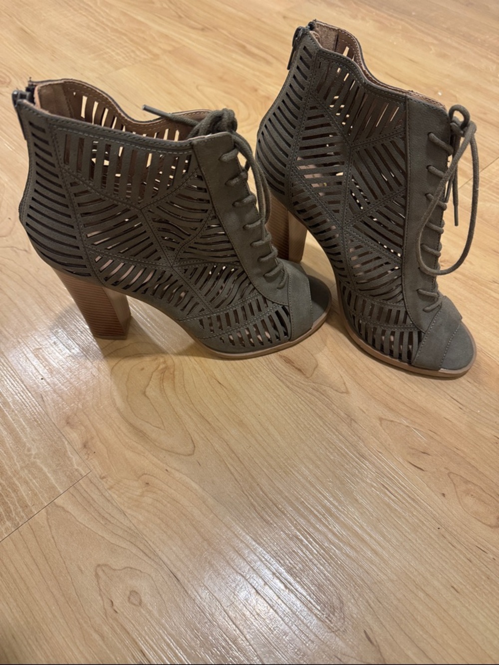 Mix No. 6 Olive-Taupe Laser Cut Lace-Up Block Heel Booties